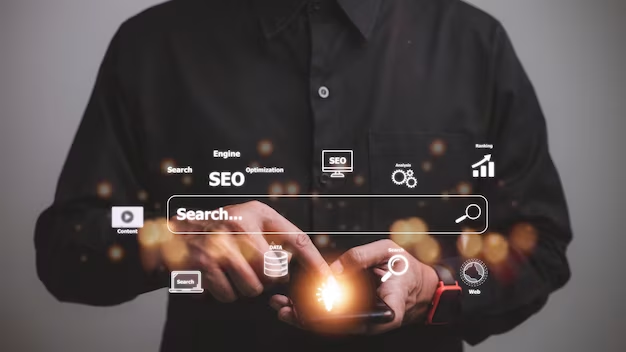 SEO graphics with a man in black using a phone in the background.