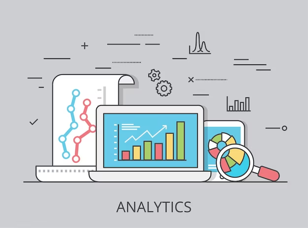 Graphic illustration depicting analytics with charts and graphs displayed on laptop and other device screens.