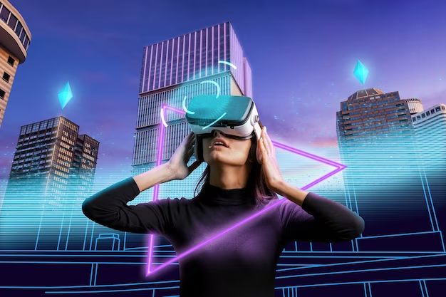A woman using virtual reality headset in a futuristic cityscape.