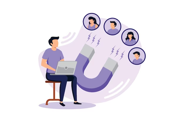 Man on laptop with large magnet attracting people icons illustration.